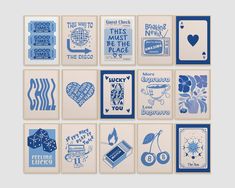 several blue and white cards with different designs on them, including hearts, flowers, dices, and more