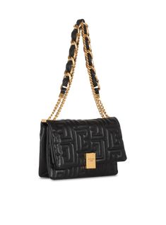 1945 Soft medium bag in quilted leather black - Women | BALMAIN Luxury Quilted Flap Bag, Luxury Gold Quilted Bag, Luxury Quilted Gold Bag, Luxury Quilted Rectangular Bag, Luxury Quilted Flap Bag With Top Handle, Luxury Quilted Top Handle Flap Bag, Formal Gold Quilted Bag, Gold Quilted Formal Bag, Luxury Rectangular Shoulder Bag With Logo Plaque