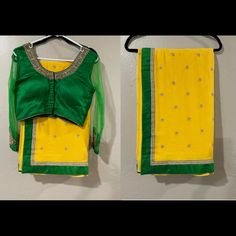 Yellow And Green Color Saree With Included Blouse. Soft Material And Green Border Brand New Saree Never Worn Can Be Wear At Any Occasions Fits In 34/36 Bust Long Net Sleeve Golden Work On Blouse Fitted Yellow Saree For Festive Occasions, Festive Fitted Yellow Saree, Fitted Yellow Bollywood Saree, Fitted Yellow Blouse Piece With Dupatta, Yellow Fitted Saree For Party, Fitted Yellow Saree, Fitted Yellow Saree For Party, Work On Blouse, Green Color Saree