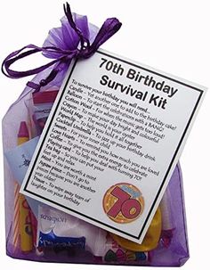 a birthday survival kit in a purple bag