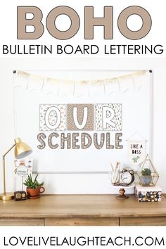 the boho bulletin board lettering is displayed on a wooden table next to a lamp and potted plant