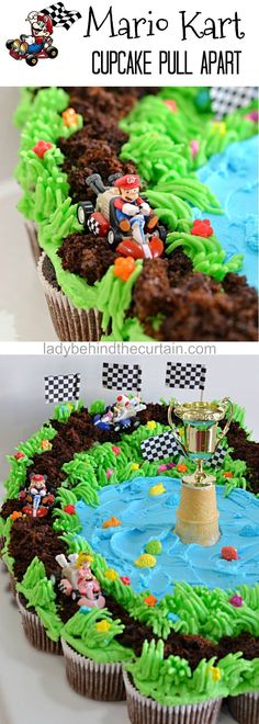 cupcakes with green frosting and mario kart decorations on the top one