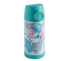 thermos bottle is blue and has flowers on it