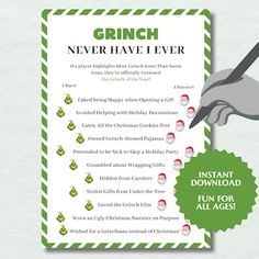 the grinch never have i ever printable christmas game is on sale for $ 3 99