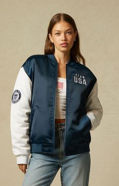 Olympics Team USA Varsity Jacket | PacSun Team Usa Olympics Outfit, Usa Embroidery, Olympic Rings, Olympic Team, The Olympics, Stylish Jackets, Team Usa, Indie Brands, Pant Shirt