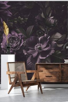 Image of moody deep purple wallpaper with baroque floral pattern Goth Farmhouse, Baroque Flowers, Black And Grey Wallpaper, Black Floral Wallpaper, Floral Wallpaper Bedroom, Black Building, Gothic Flowers, Purple Kitchen, Flowers Black