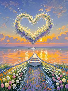 a painting of a boat floating on top of a lake with flowers in the shape of a heart