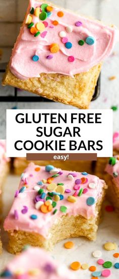 gluten free sugar cookie bars with pink frosting and sprinkles