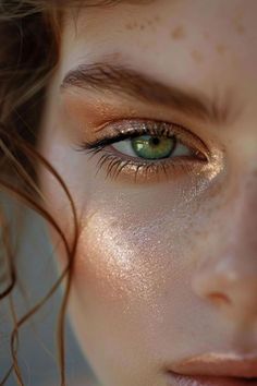 Green Eye Color Makeup, Champagne Shimmer Eyeshadow, Makeup For Green Eyes And Red Hair, Eye Makeup Looks Colorful, Boho Makeup Ideas, Glam Makeup Looks Wedding, Forest Wedding Makeup, Makeup Ideas Green Eyes, Makeup For Blue Green Eyes