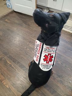 a black dog sitting on top of a wooden floor next to a white door with an emergency sign on it's chest