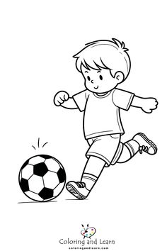 a boy kicking a soccer ball coloring page