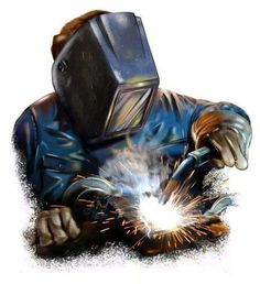 a man with a welding mask on holding a piece of metal in one hand and sparks coming from the other