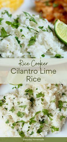 rice with cilantro and lime on the side is served in a white plate