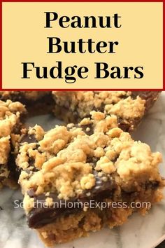 peanut butter fudge bars on a plate with text overlay