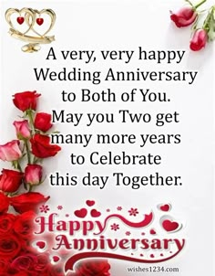 a wedding anniversary card with roses and two hearts on the front, says happy anniversary to both of you