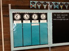 a bulletin board with numbers on it in front of a brick wall and bunting