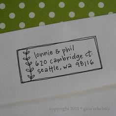 the address stamp is printed on a white envelope with green and white polka dot paper