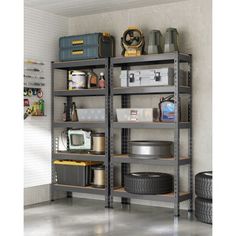 a garage shelving unit with various items on top and bottom shelves, including tires