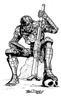 a black and white drawing of a robot kneeling down with his hand on the ground