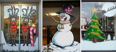 three christmas themed windows with snowmen and trees