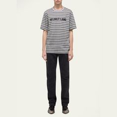 Helmut Lang T-shirt in two-tone check Crew neckline Embroidered logo at chest Short sleeve; approx. 19.3"L Relaxed fit Pullover style Cotton Unlined Machine wash cold Made in Portugal Casual Plaid Cotton T-shirt, Casual Plaid Short Sleeve T-shirt, Helmut Lang, Pullover Styling, Crew Neckline, Tops Designs, Portugal, Top Brands, Relaxed Fit