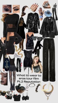 a collage of black outfits and accessories with text that reads what to wear to era tour film p2 revolution