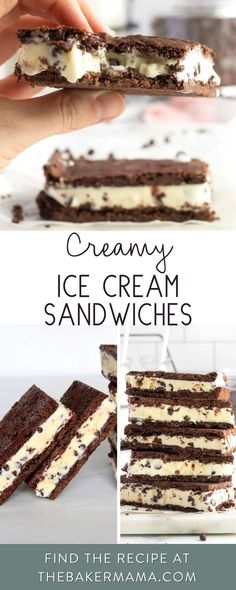 an ice cream sandwich cut in half and stacked on top of each other with the words, creamy ice cream sandwiches