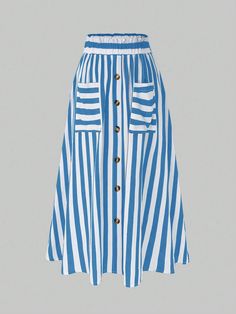 Plus Size Women's Double Pocket Button Decor Striped Patchwork Skirt Baby Blue Casual   Woven Fabric Colorblock,Striped A Line,Flared Non-Stretch  Women Plus Clothing, size features are:Bust: ,Length: ,Sleeve Length: Button Decor, Patchwork Skirt, Plus Size Skirts, Men's Knit, Kids Sleepwear, Kids Beachwear, Maternity Bag, Plus Clothing, All Fashion