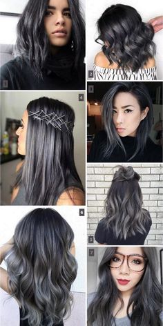 Charcoal hair trend: balayage, ombré, highlights. Tendência para o inverno 2017, o cabelo com cor de carvão, em tons de cinza é ótima opção para cabelos castanhos e pretos. Charcoal Grey Hair, Ombré Highlights, Charcoal Hair, Interesting Hair, Dark Grey Hair, Blonde Balayage Highlights, Balayage Ombré, Ombre Highlights, Haircut Style