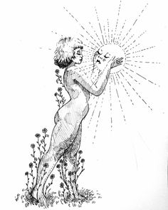 an ink drawing of a naked man holding a sunburst above his head and looking at it