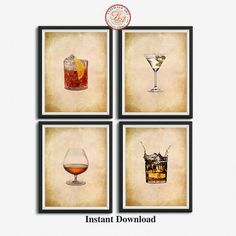 four framed pictures with different drinks and beverages in them, all on top of each other