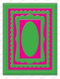 a green and pink frame with scalloped edges in the shape of an oval