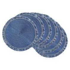 three blue placemats with fringe on them, one in the middle and one in the