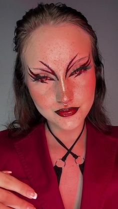 Red Face Makeup Halloween, Demon Inspired Makeup, Cute Demon Makeup, Devil Inspired Makeup, Pink Demon Makeup, Demon Eye Makeup, Rhinestone Blood Makeup, Demon Eyeliner, Red And Black Halloween Makeup