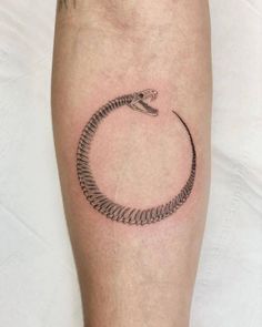 a small snake tattoo on the right leg, with a circle in the middle and an animal's head sticking out of it