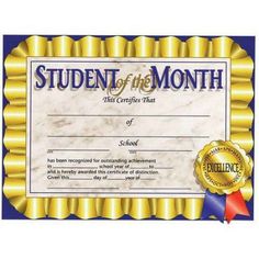 a certificate for student of the month with a blue background and gold trimmings