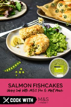 salmon cakes on a plate with broccoli and mashed potatoes next to it