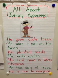 a bulletin board with an image of johnny appleseed and words written on the front