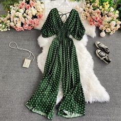 Mono Verde Outfit, High Waist Jumpsuit, Robes Glamour, Trousers Women Wide Leg, Vintage Jumpsuit, Polka Dot Jumpsuit, Wide Leg Romper, Boho Romper, Jumpsuits And Romper