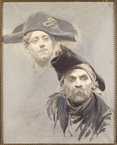 two people with hats on their heads are shown in a gold framed painting by an unknown artist