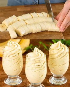 bananas are being sliced and put into desserts with whipped cream in glasses on a wooden cutting board