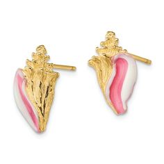 14k yellow gold textured white and pink enamel conch shell stud earrings. Measure approximately 5/8"L x 3/8"W and have push backings. Shell Mermaid, Yellow Tone, Nautical Jewelry, Jewelry Post, Pink Enamel, Conch Shell, Jewelry Lookbook, Women Gifts, Shell Earrings