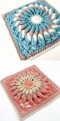 two crocheted squares with different designs on them, one in blue and the other in pink