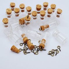 there are many bottles with corks in them and some key chains on the bottom