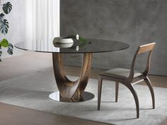 a glass dining table with two chairs and a plant in the corner next to it