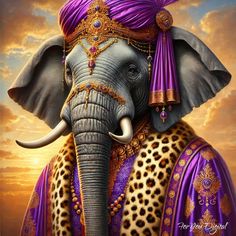 an elephant dressed in purple and gold