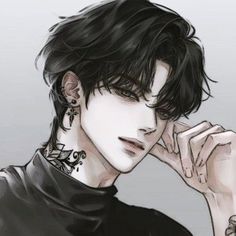 a man with black hair and piercings on his neck is looking at the camera