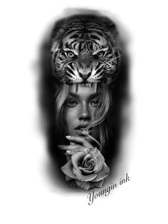 a woman with a tiger on her head and a rose in front of her face