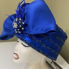 Royal Blue Sequins, Beads And Big Satin Bow. See Pics And Please Take Time To Look At All Of The Hats In My Collection. Raffia Hat, Running Hats, Hat Box, Black Sparkle, Visor Hats, Wool Beanie, Embroidered Hats, Blue Hat, Satin Bow