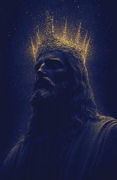 a man with a crown on his head in blue and yellow light, looking up at the sky